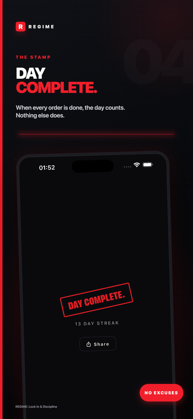 REGIME day complete screen with a share button after the checklist is finished